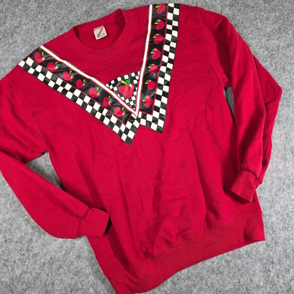 Vintage Vicki Melhart Apple Checker Jerzees Sweatshirt Teacher Large Red 90s USA